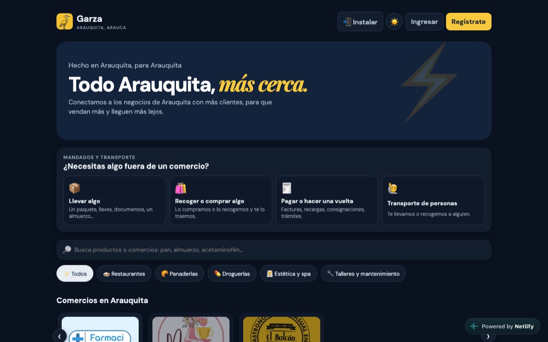 Pantalla de inicio de Garza
